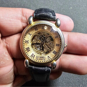 Gitano Quartz Ladies Fashion Watch Gold Tone Black Strap Working Roman Dial
